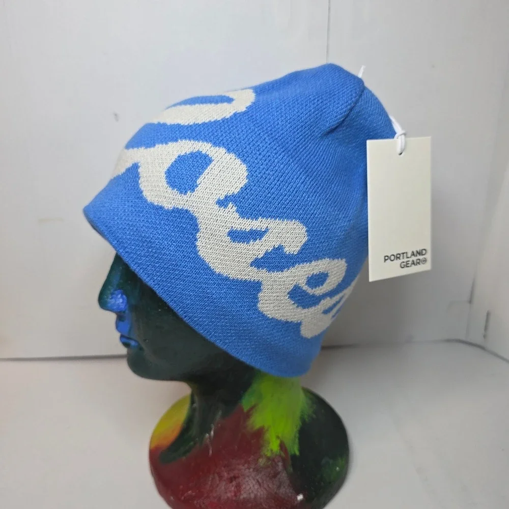 NWT‎ Portland Gear Roses Skully Beanie Cascade Blue White Logo FleeceLined 2